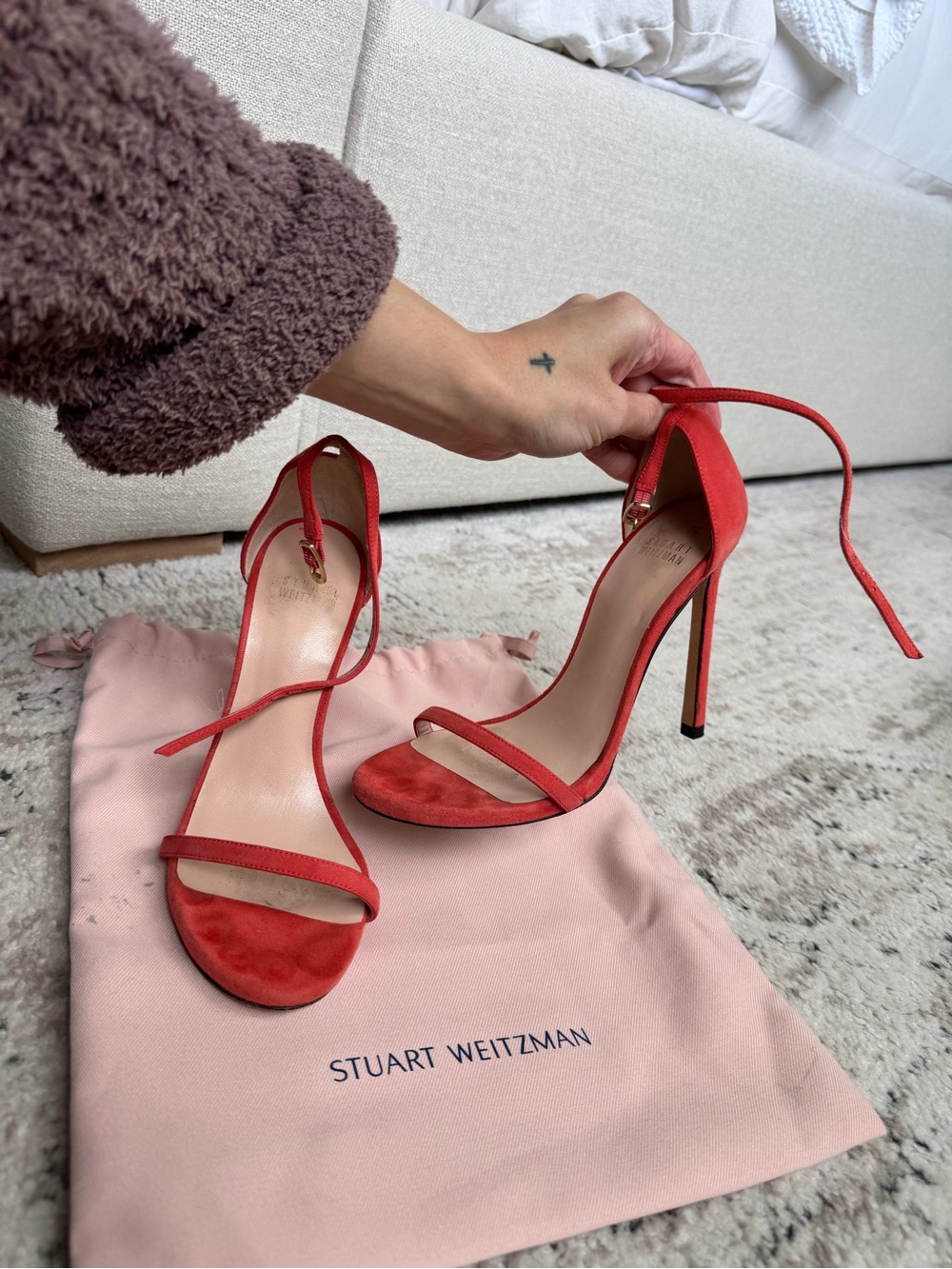 Stuart Weitzman Red Suede Ankle-Tie Stilettos